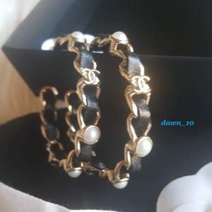 Chanel Leather Interlaced Pearl Hoop Earrings,Gold